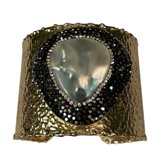 Ornate Gold Rhinestone and Opal Fashion Cuff Bracelet - Picture 6 of 7